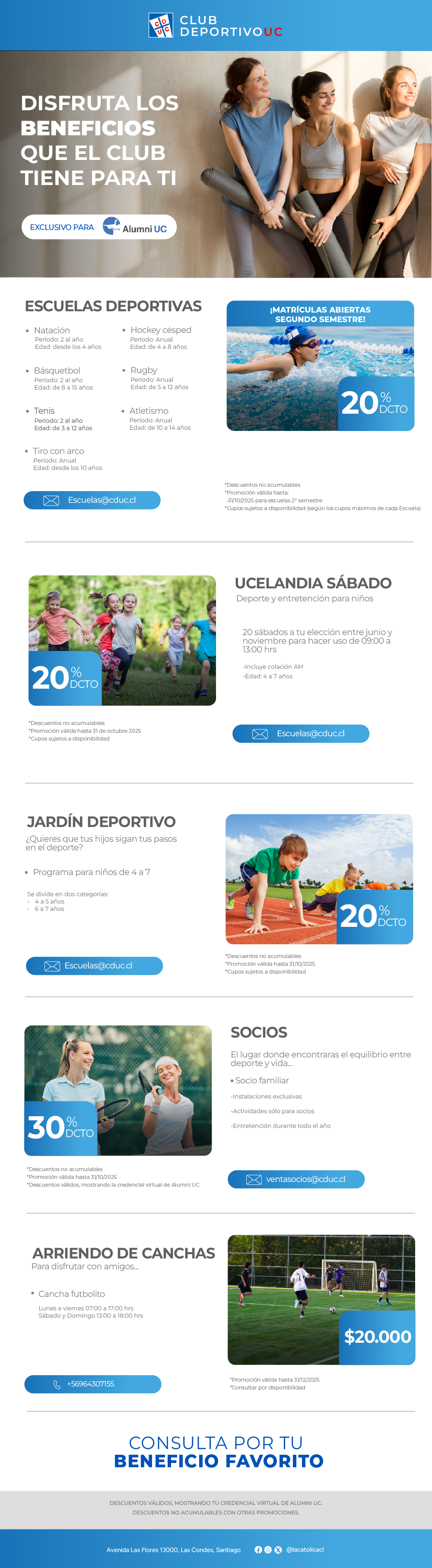 Folleto extenso donde se visualizan los programas y servicios en descuento para egresados y egresadas UC en el Club Deportivo UC vigentes para el segundo semestre de 2025