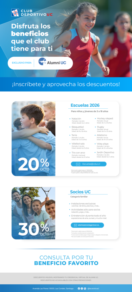 Gráfica con los descuentos disponibles a enero 2026 del convenio entre el Club Deportivo UC y la red de egresados y egresadas Alumni UC.