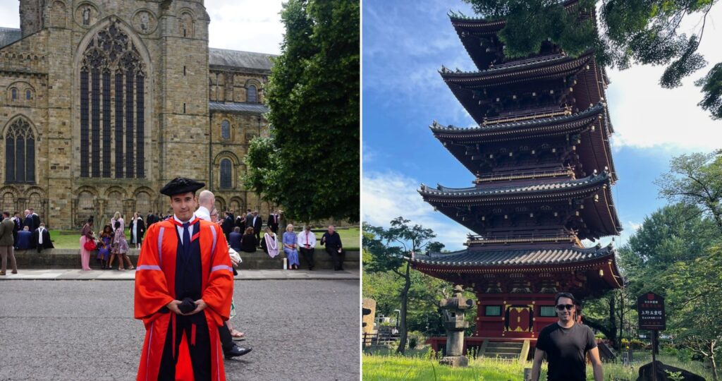 Dos fotografías, en la primera se ve una persona con un traje de graduación universitaria y en la derecha una persona junto a un templo japonés de varios pisos hacia arriba
