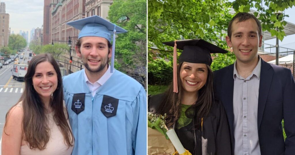 Dos fotografías, una de Cristóbal Bisso junto a Catalina Ortúzar una donde Cristóbal tiene su gorro y túnica de graduación de magíster en Columnia University y una de Catalina en su graduación de magíster de Johns Hopkins University