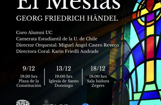 Afiche concierto El Medías de Haendel interpretado por el Coro Alumni UC los días 9, 13 y 18 de diciembre