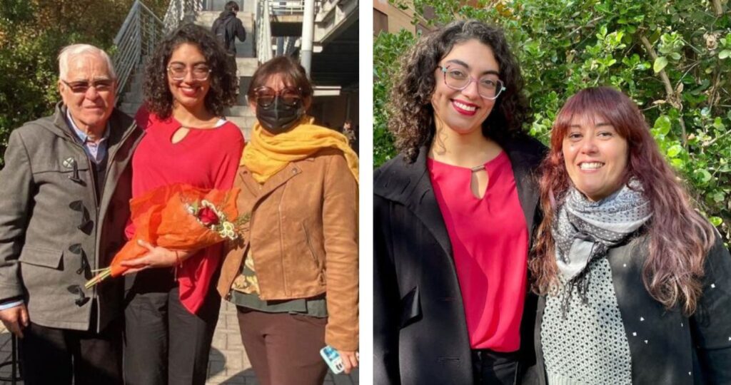Dos fotografías de María Ignacia Fuentes con sus padres y con su profesora del colegio