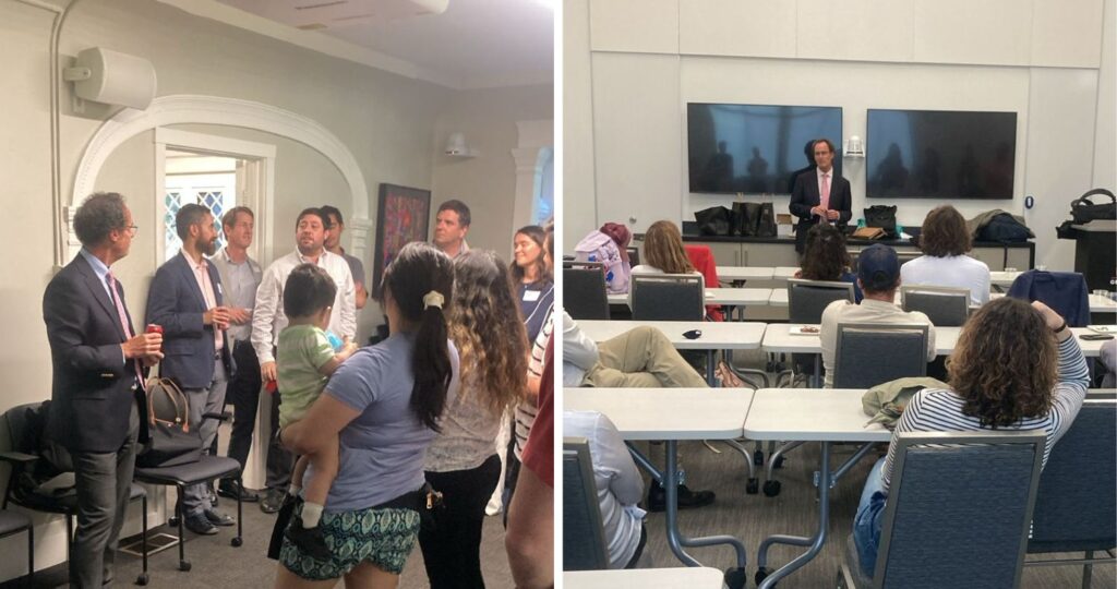 Collage de dos fotografías del Rector UC Juan Carlos de la Llera junto a exalumnos, la primera en Stanford y la segunda en UC Davis