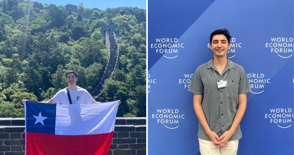 Collage de fotos de Maximiliano Frey, una en China con la bandera de Chile y otra con un panel detrás que dice World Economic Forum