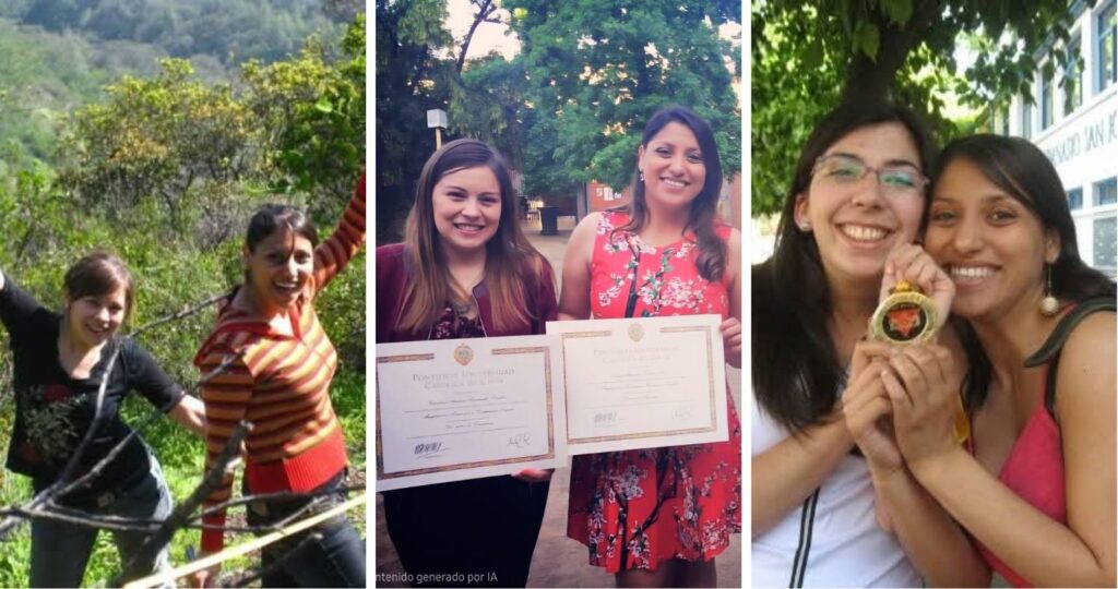 Collage de fotos de Karen, Carolina y Macarena en su época estudiantil universitaria