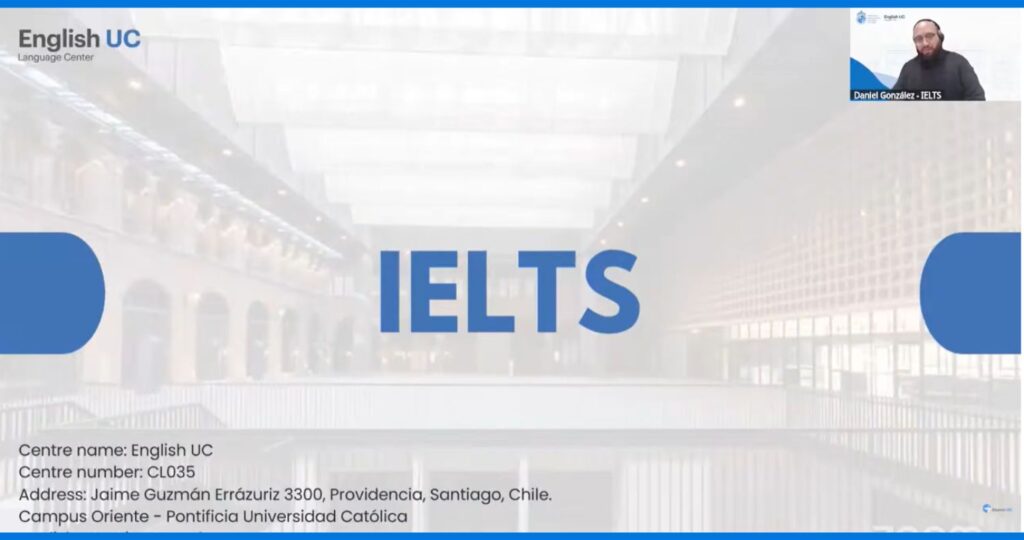 Imagen de una presentación ppt con el nombre IELTS en grande y en una esquina se ve una persona