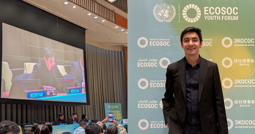 Collage de dos fotos de Maximiliano Frey en el ECOSOC Youth Forum 2026 de la ONU